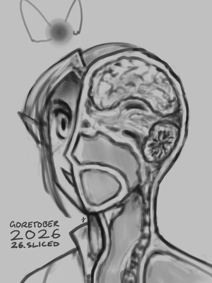 Goretober Day 26: Sliced 
&ldquo;Heylistenheylistenheylistenhe-&ldquo; 🗣️‼️

Drawn with Procreate ✍🏻
#xxanemiagoretober2026 #goretober2026 #horrorart