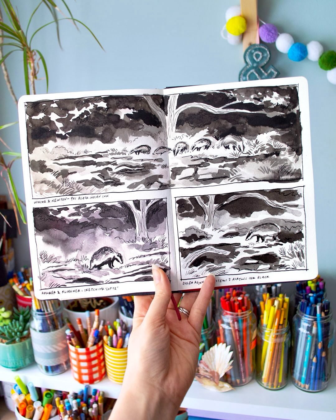 More black and white tonal experiments, this time with badgers! 🦡 These scenes were painted with different black inks while watching @mortenhilmer&rsquo;s nature camera livestream last week, with some adorable little badger cubs making an appearance