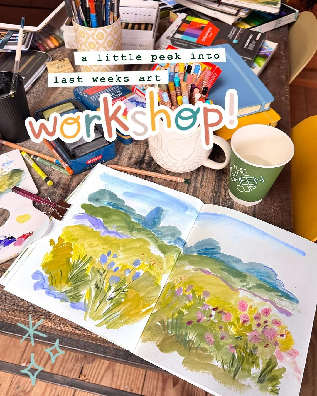 Ever wonder what happens in art workshops? ✨ I had such a wonderful time teaching at my UK workshop last week at the beautiful @careyssecretgarden &mdash; swipe through to see what we got up to! 🌿

Yes I definitely DID take a whole suitcase filled w