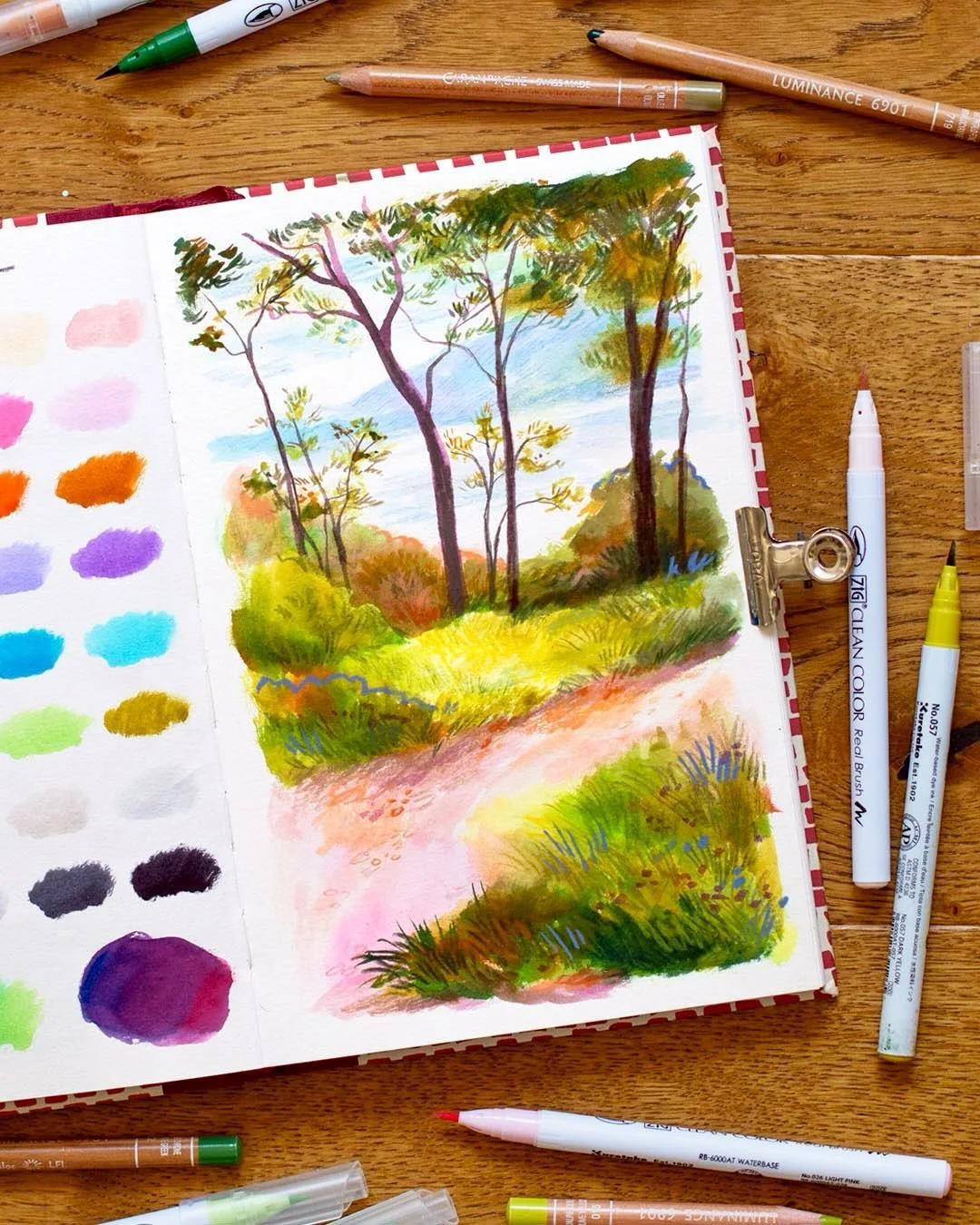 Do you use brush pens to create in your sketchbook? It&rsquo;s been a while since I used only them to create a landscape, and I love how this one came together! So here&rsquo;s a grid post for the art I shared in yesterday&rsquo;s process reel &mdash