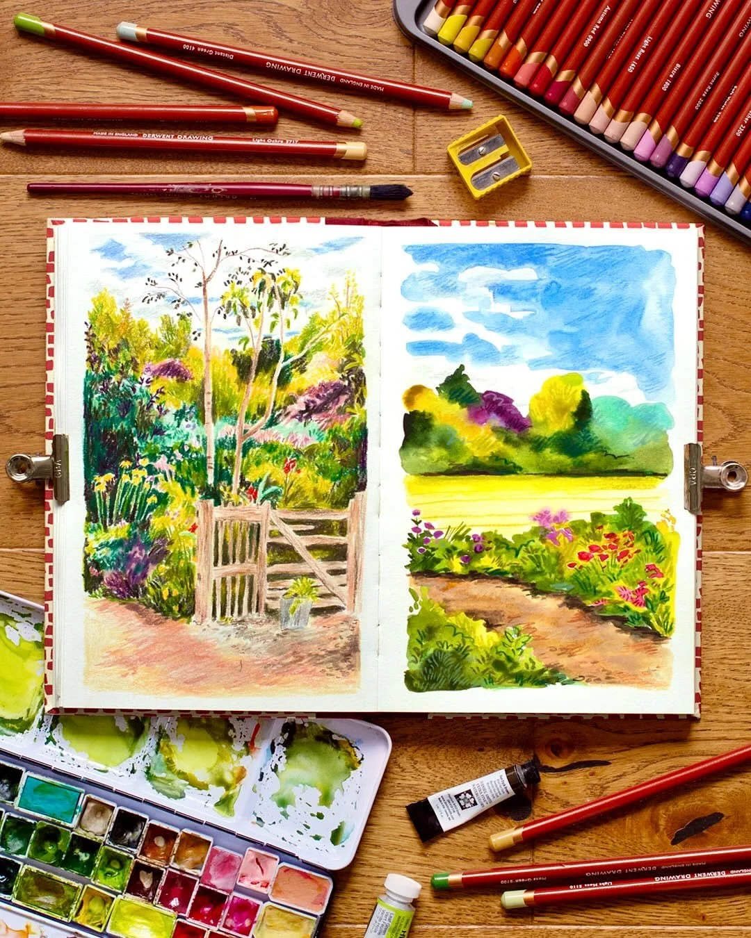 Testing out my new @derwentartofficial Drawing pencils! The left hand page was drawn solely with the pencils (and a lot of patience 😆 - you can see the process in my latest reel) and then the right hand page is how I usually work &mdash; mixed media