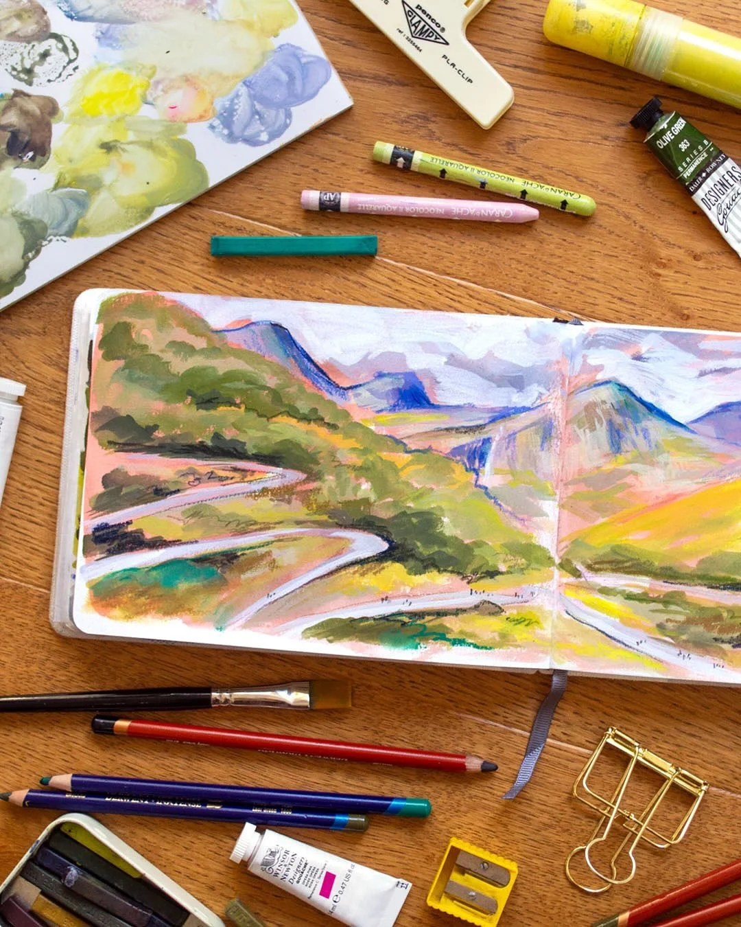 Working on top of prepped paper again, this time much more care-free! I prepped the pages with washes and swathes of different colour and texture (you can see the &lsquo;before&rsquo; if you swipe to the end of the carousel!) It&rsquo;s amazing how m