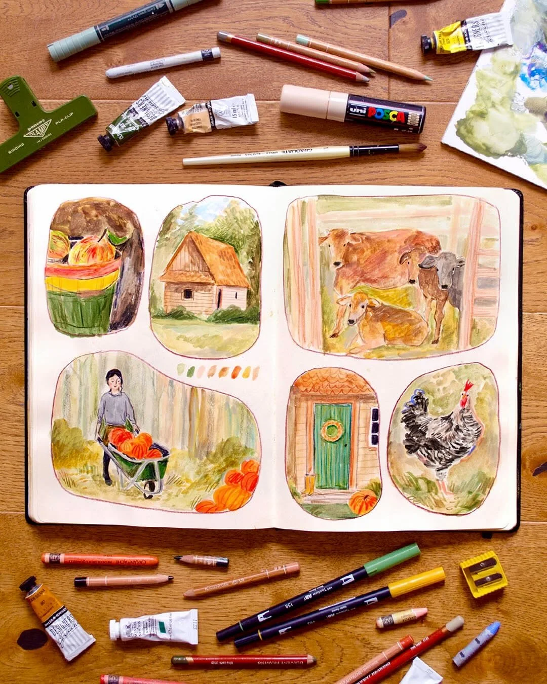 Throwing it back to this autumnal, farm-themed spread in my sketchbook from this time in 2023! 🍂🍁 The temperature has dropped here massively today and with the trees now bare, I can see my colour palette changing to icy blues and deep navy&rsquo;s 