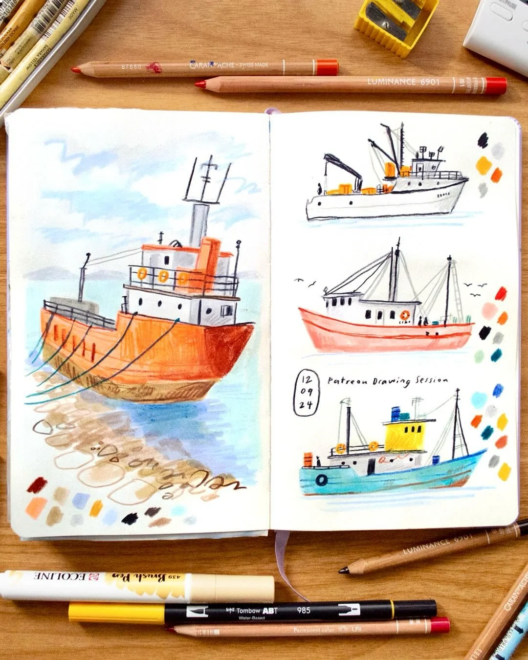 Flipping back through my sketchbooks and came across this colourful boat spread, from a drawing session with my patrons last year! Brush pens meant I could get down the base layers fast, and then add on all those lines and details on top &mdash; with