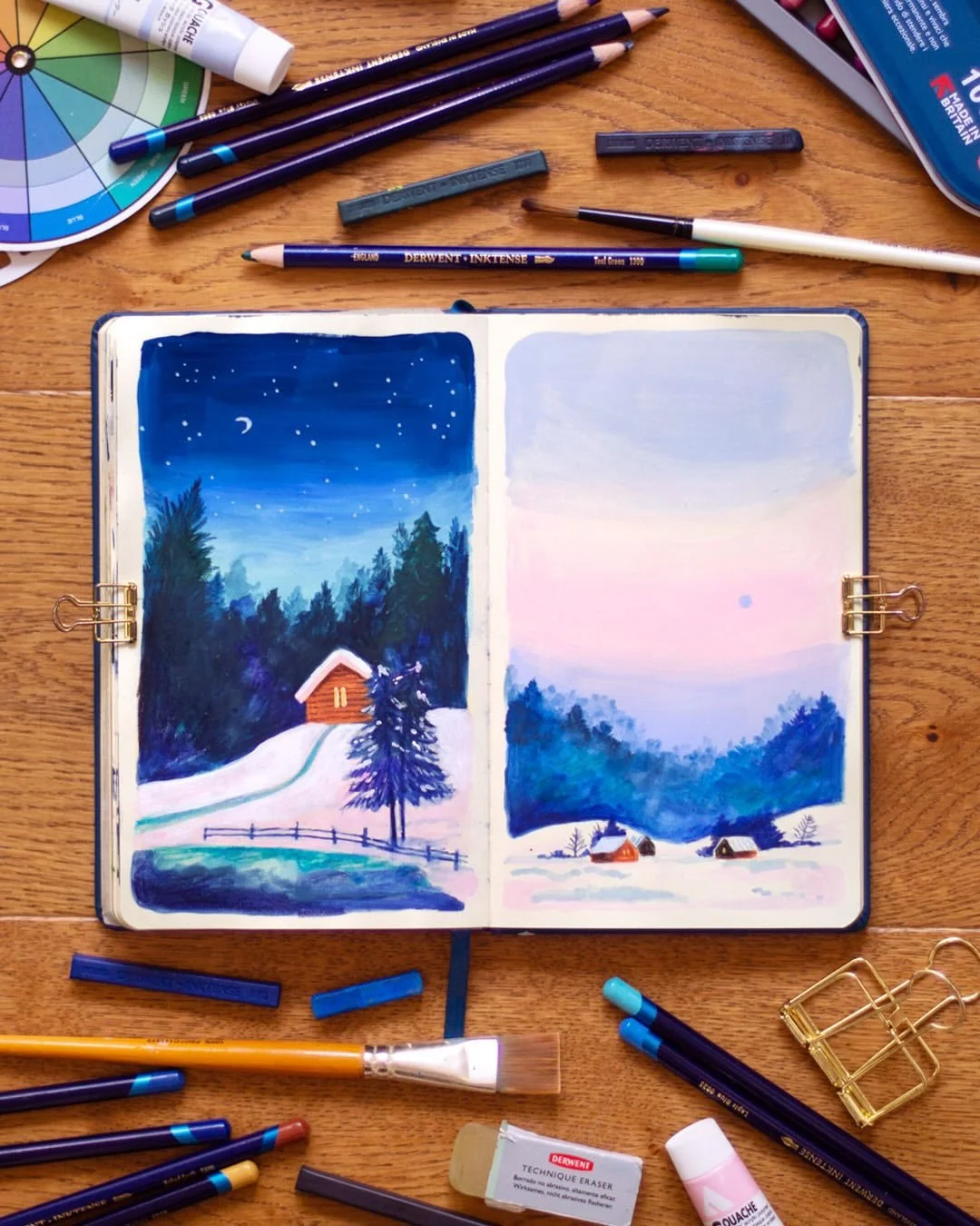 No chance of snow here, just a LOT of rain and low temperatures, so I have to pretend I&rsquo;m in a magical snowy place in my sketchbook pages instead 😆⛄️

This was painted with acrylic gouache to get those pretty sky gradients with Derwent Inktens