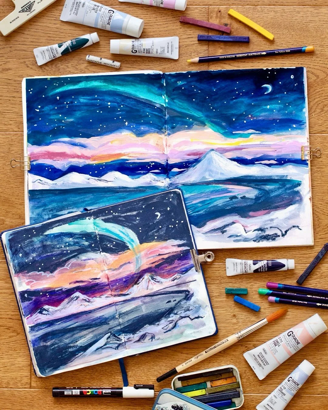 More texture and colour play for these two spreads &mdash; I loved being really free with my marks and exploring colour in those skies 🌙✨ They aren&rsquo;t very accurate to the reference images I used but it really doesn&rsquo;t matter for two main 