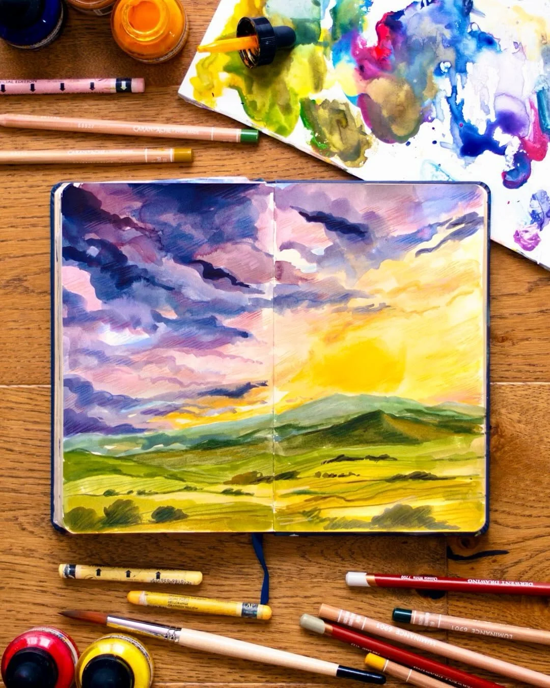 Two guesses for our new theme this month&hellip; it&rsquo;s Skies, of course! And here&rsquo;s my first spread of Feb 🌤️ This one has a lot more subtlety in texture in real life than I could photograph but I always think art look better in person. I