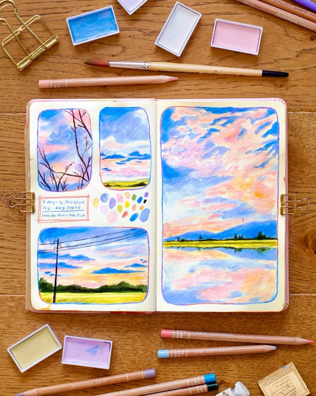 Day 3: Lavender blue and pale pink! A colour palette prompt for today&rsquo;s #7DaysOfSketchbookJoy and of course I had to paint some skies to continue our theme with my patrons ☁️ I always love colour prompts because they can be taken in so many dif