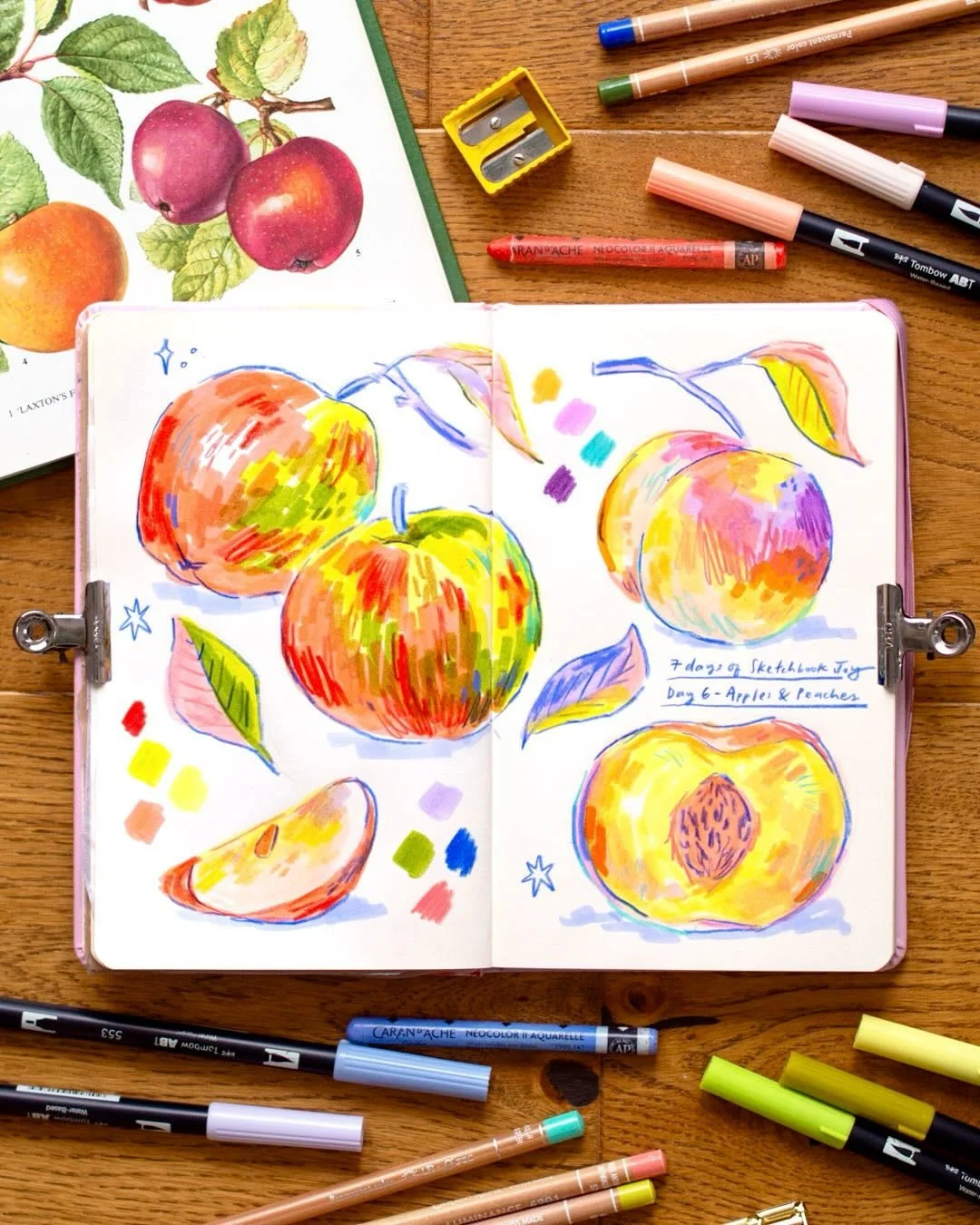Day 6: Apples and peaches! 🍎🍑 A fun fruity prompt for our penultimate day of #7DaysOfSketchbookJoy!

I kept things simple and quick again today with Tombow brush pens, coloured pencils and Neocolors, referenced from one of my favourite books. I lov