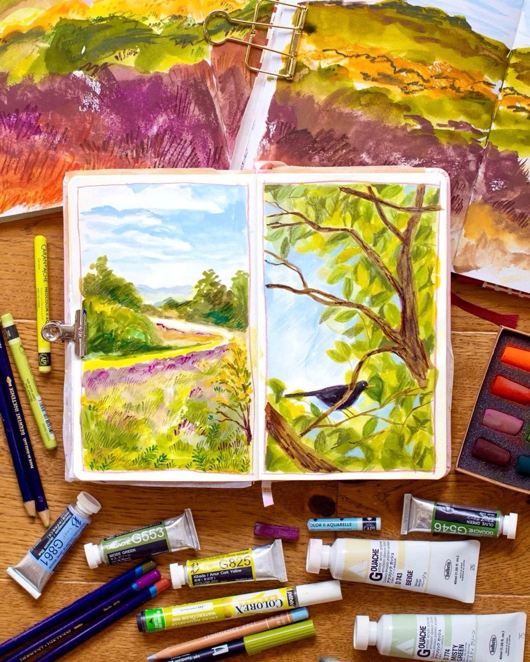A messy desk and allll the mixed media in these spreads, a result from a wonderful drawing session with my patrons yesterday! We were drawing from photos of the New Forest, playing with energy through layering and mark making. It&rsquo;s so interesti