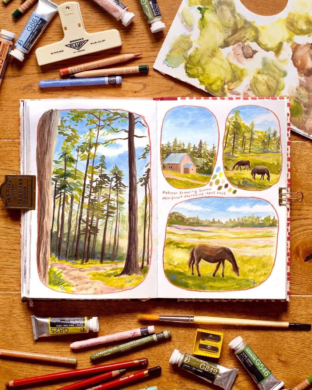 New Forest narrative! 🌳 I always love a panel spread and this was created in yesterday&rsquo;s drawing session with my lovely patrons, sharing the beautiful area I live. Instead of just drawing four random references, I shared lots of tips and ideas