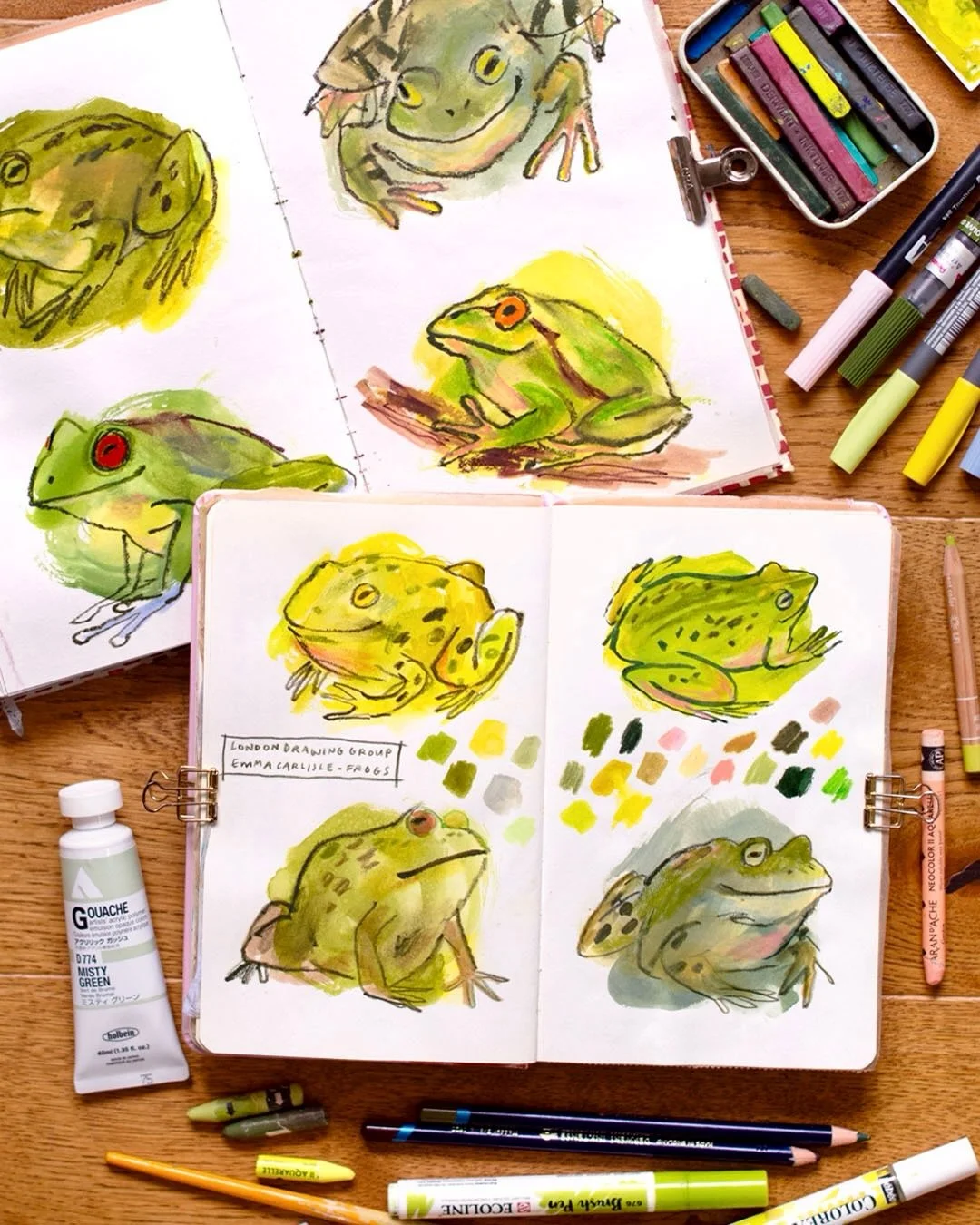 It&rsquo;s been aaages since I last drew frogs but they are such a tonic! 🐸 These spreads were filled a few weeks ago thanks to a replay of a class by @emmacarlisle_ with @londondrawinggroup - so fun and such a great way to play with my supplies!! I