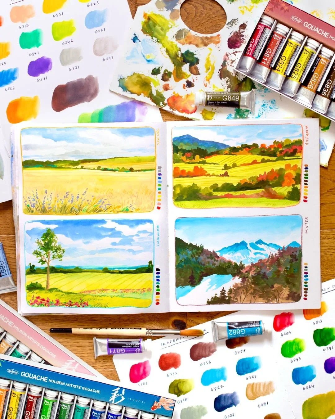 Pick a season, any season! 🎨 I&rsquo;ve fiiiinally finished all the swatching and painting ready for my video this week, where I review the full range of the beautiful Irodori gouache season sets by Holbein, that I picked up in Japan. 

I&rsquo;d or