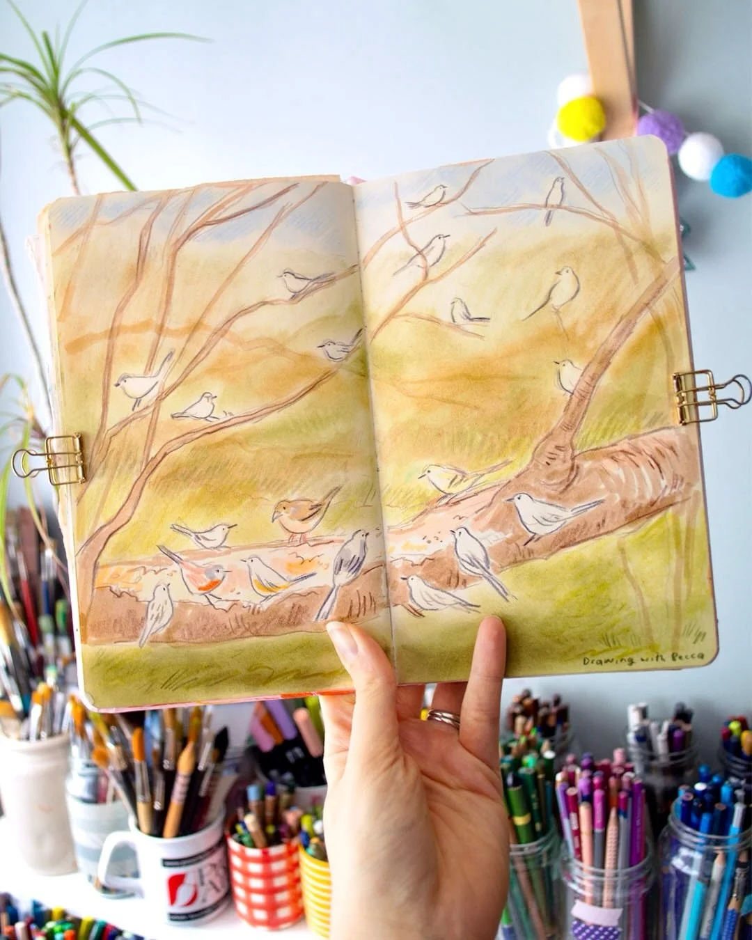I love drawing birds, but moving birds?! That&rsquo;s a whole other ball game! I had the best time filling these pages drawing with the lovely @beccahallillustration, as we tackled movement and drew from a live camera feed! Dry media helped massively