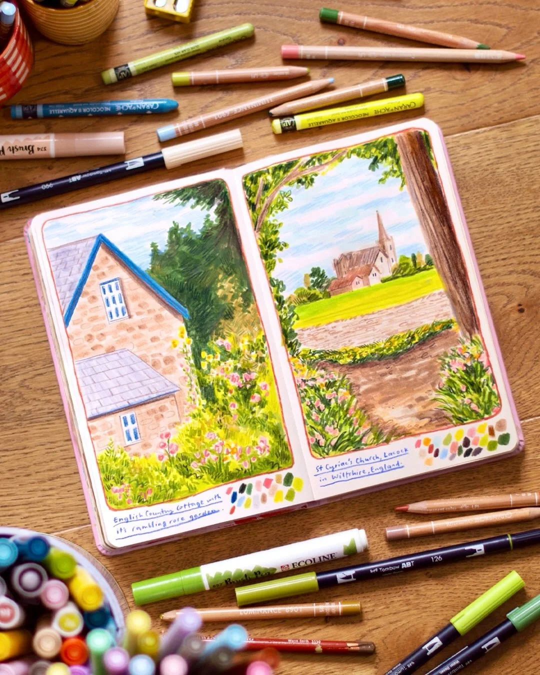Another spread celebrating brush pens! I used Tombows &amp; Ecolines, paired with coloured pencils and neocolors to add on all the texture and detail. It&rsquo;s dry media month on my @patreon and it&rsquo;s been so fun exploring it all! They make co