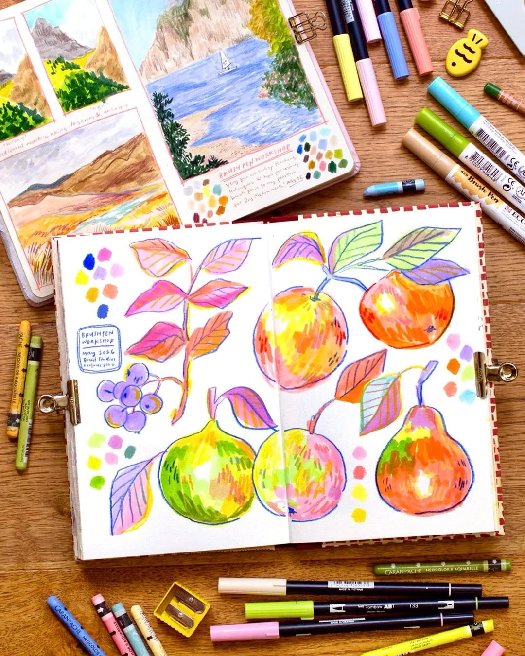 The brush pen workshop this morning was so much fun!! 🥰 I had such a lovely time teaching techniques and ways to embrace that notorious overlapping texture brush pens create. The landscapes were all about direction of our marks, filling these panels