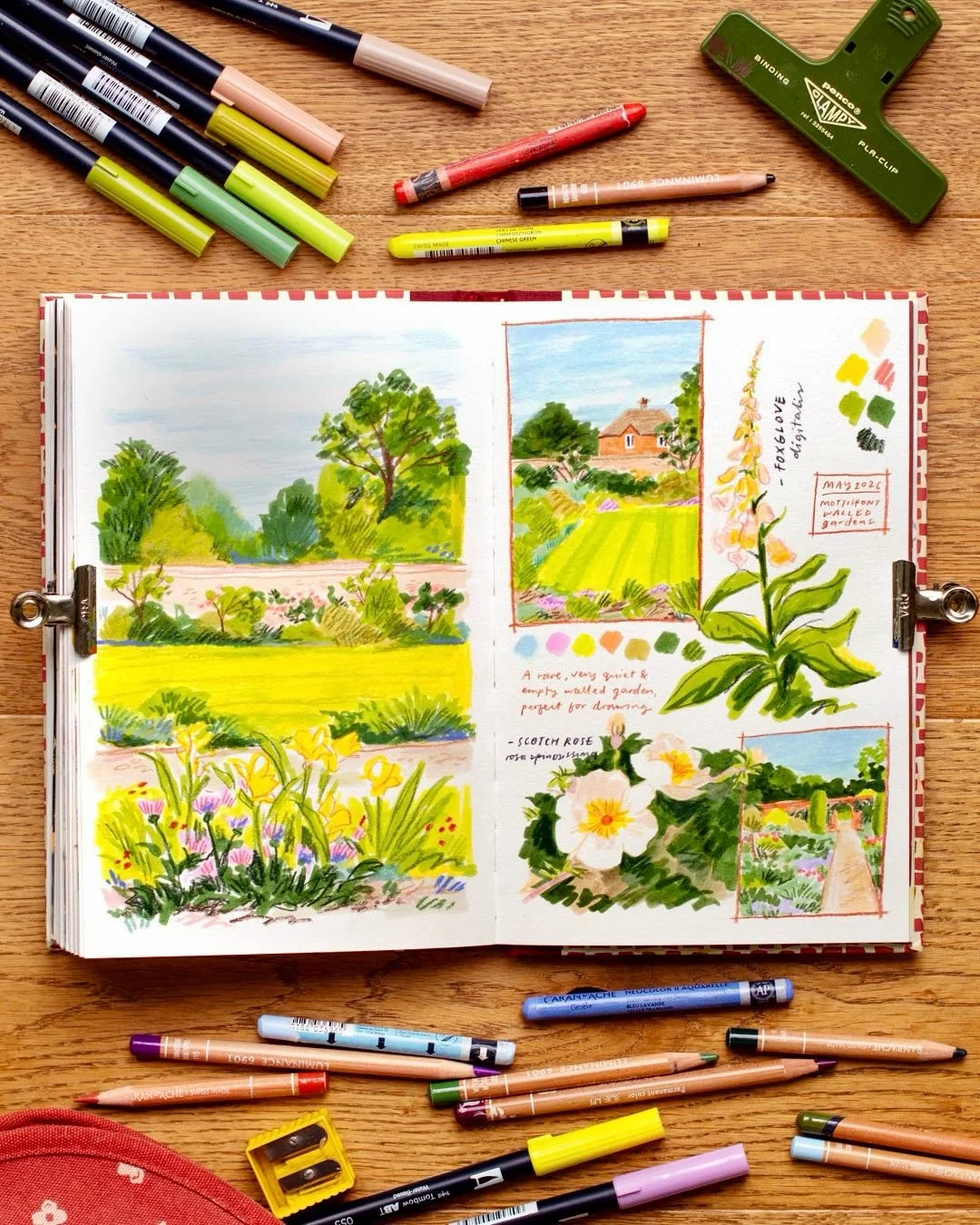 It&rsquo;s raining cats and dogs here today so here&rsquo;s a spread from last week drawn in the sunshine ☀️ You may have seen my latest reel where I showed the process of drawing the left side en plein air, and then I filled in the other page with t
