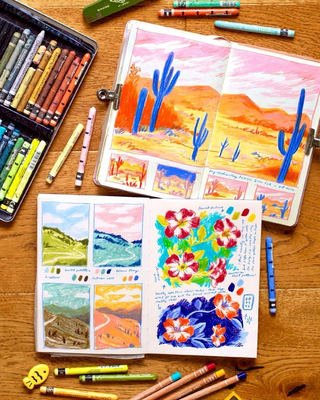Which colour palette is your favourite? 🎨 I tried so many for the cactus landscape (second and third slide!) so I&rsquo;d love to know which you prefer! I had such a brilliant drawing session with my patrons yesterday as we played with colour, limit