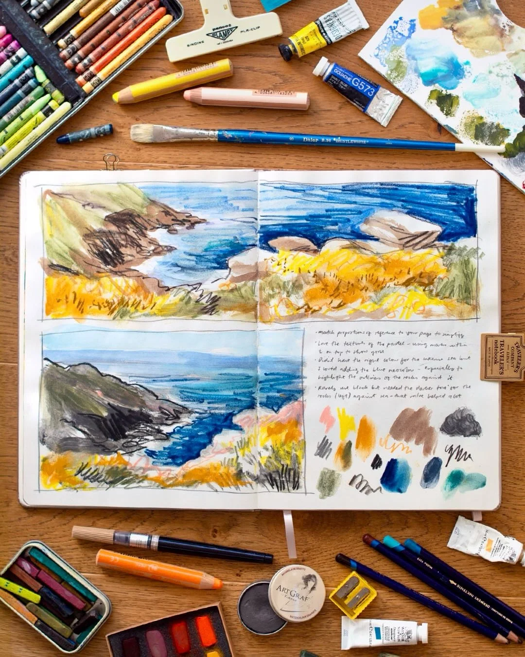 A few paintings and spreads from my Newlyn sketchbook - I rarely keep &lsquo;dedicated&rsquo; or themed sketchbooks, but I wanted to document everything I&rsquo;m creating from the @newlynartschool Year-Long Online Landscape course in one place! I&rs