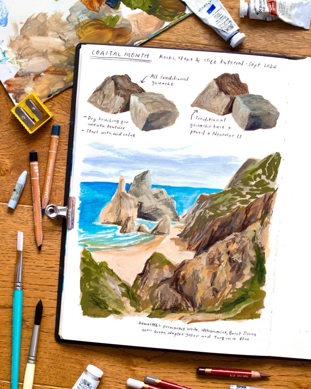 How to paint rocks and cliffs! This is part of the tutorial I shared with my patrons today, because obviously they&rsquo;re a big factor in our coastal scenes! This is all traditional gouache, with some coloured pencil and neocolor on top for some ex