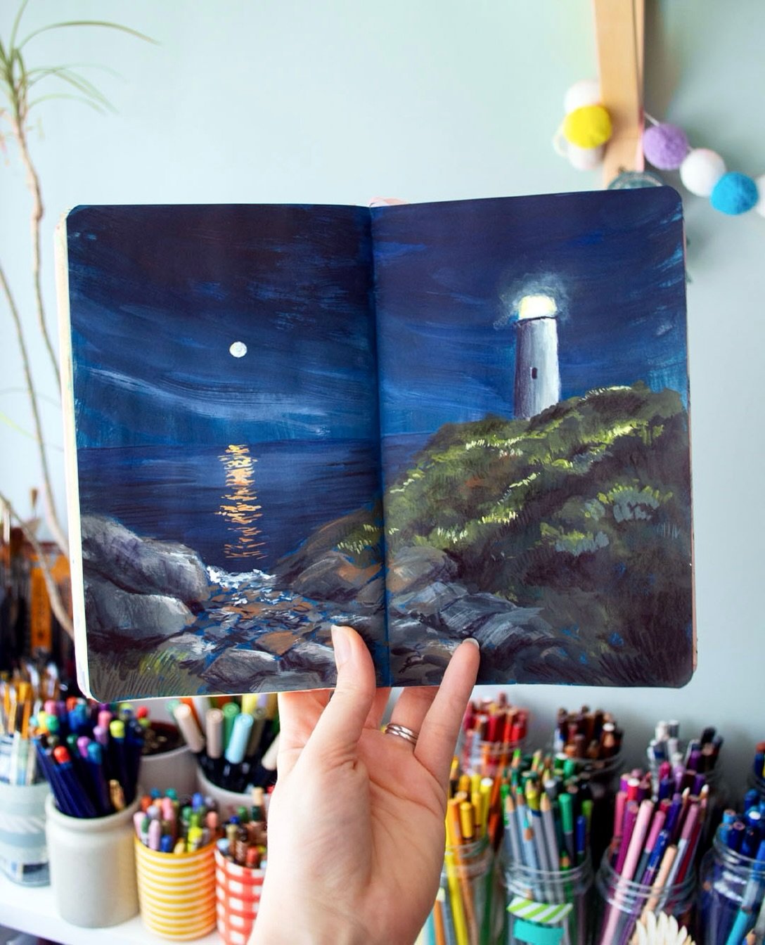 I was challenged by my patrons to paint a coastal night scene, and here it is! The blue base layer helped massively for the moody vibe, and adding on the highlights and glow were so worth the wait 🌝 

I filmed the process which I&rsquo;ll talk throu