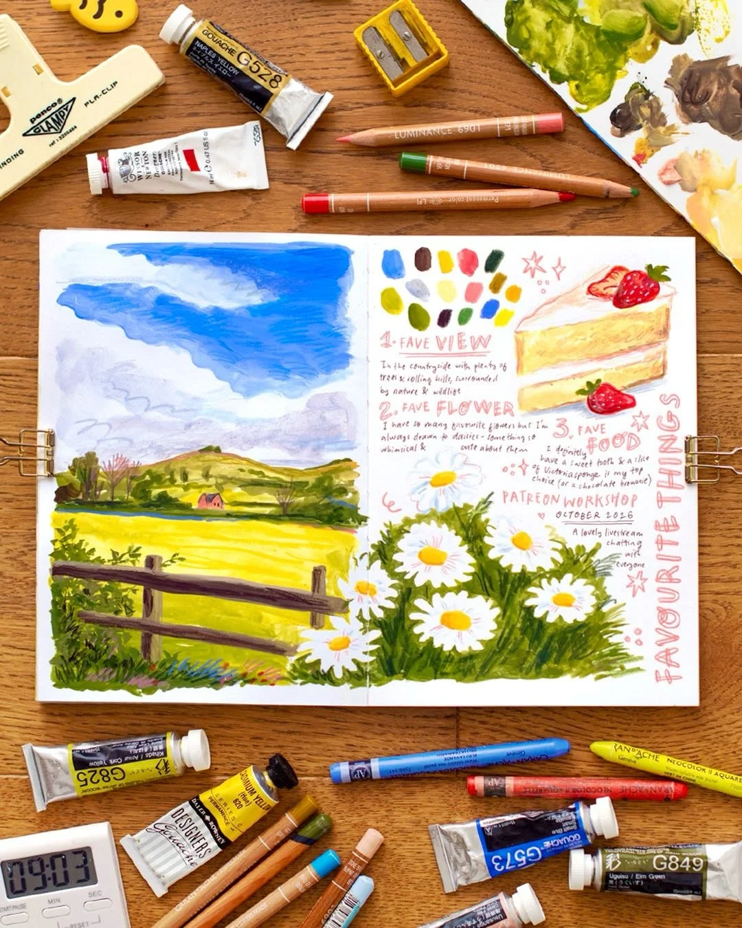 Yesterday I taught a workshop with my patrons all about sketchbook layouts and composition! We sketched lots of page thumbnails and talked through how we can combine elements; what to put where, overlaps, scale, colours and basically all the things w