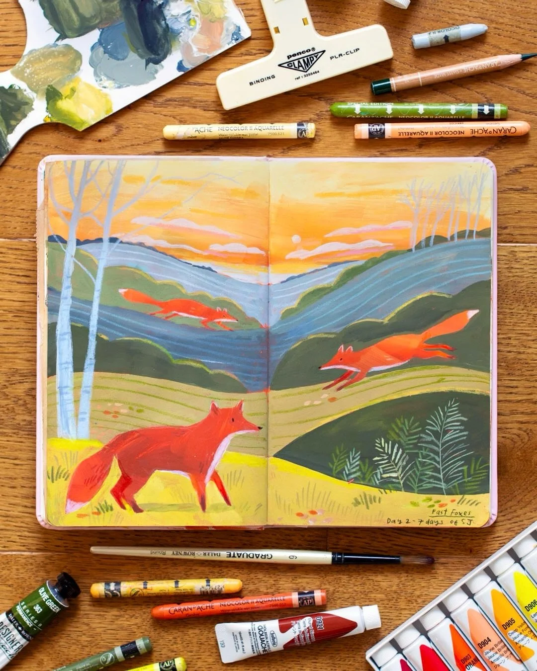 Throwing it back to these sweet foxes because this spread feels pretty autumnal to me! I wasn&rsquo;t sure about it at the time because it felt too graphic compared to my usual style, but pushing ourselves and trying new things always helps us learn 