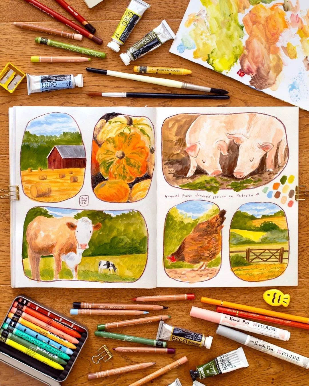 Every year I host a fun farm-themed session and it is SO much fun!! So here is this year&rsquo;s spread, filled with lots of autumnal colours, some cute animals and cosy farm scenes, all painted whilst having a really wonderful chat with my patrons a