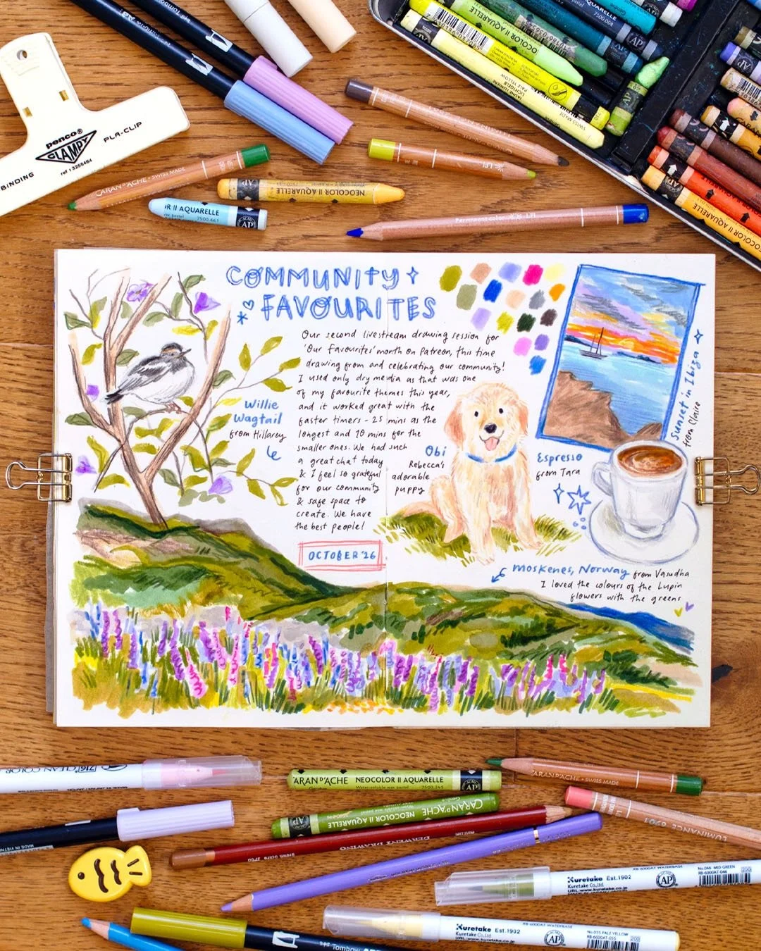 At the beginning of October I taught a layout workshop and my patrons and we drew my favourites, and this week we&rsquo;re drawing my community faves! From cats and dogs to landscapes, food, drink and flowers, we had so many wonderful photos to choos