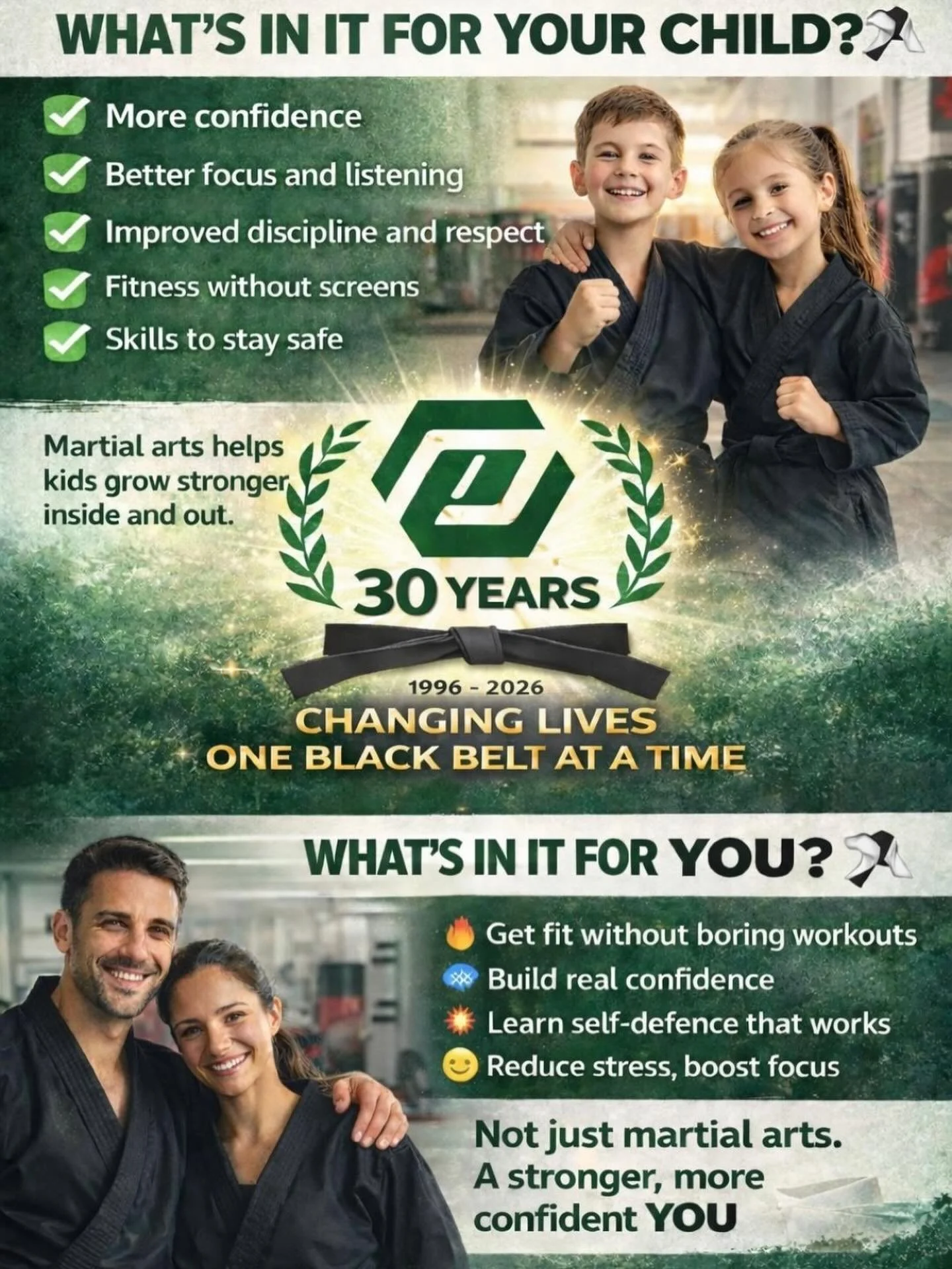 🥋 30 YEARS STRONG. 30 YEARS SERVING THE COMMUNITY. 💚

For three decades Premier has been more than just martial arts.
We&rsquo;ve been a place where confidence is built, friendships are formed and lives are changed.

👊 For kids:
&bull; Build confi