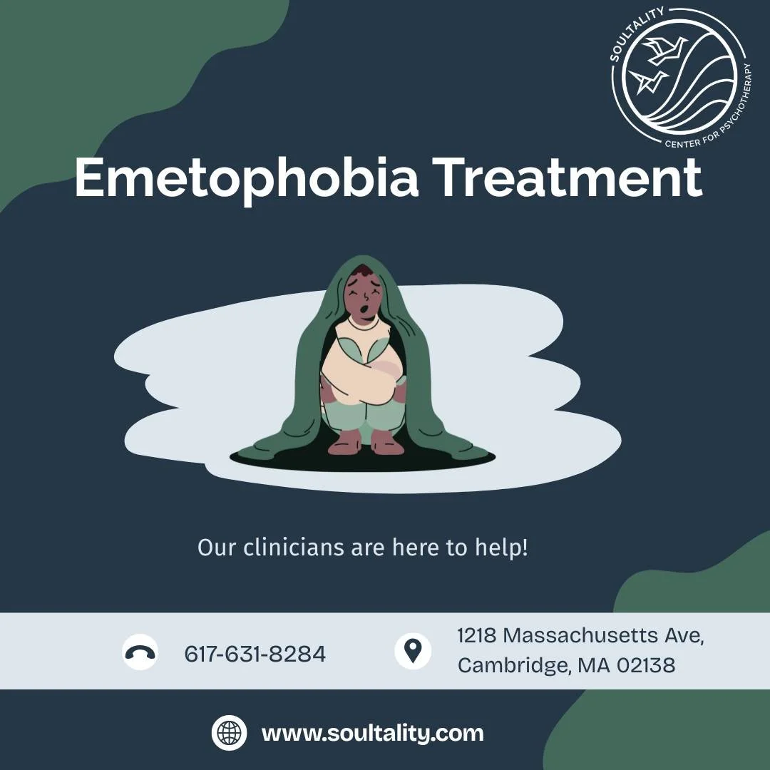 Emetophobia consists of intense fear, consistent anxiety, avoidance, and failing to do everyday activities. 

Don&rsquo;t let emetophobia take control of your life. Contact the experienced clinicians at the Soultality Center for Psychotherapy in Camb
