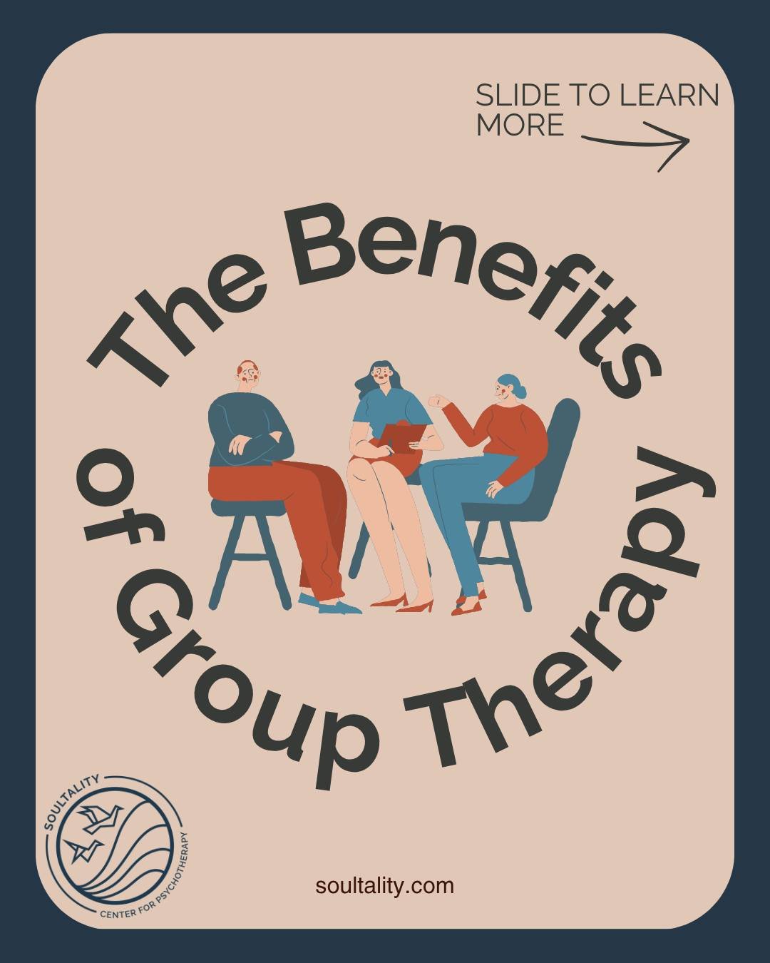 The Soultality Center for Psychotherapy offers multiple group therapy sessions to those in need. 

See which one is right for you by visiting our website to gain further insight. 
https://www.soultality.com/group-therapy 

#soultality #grouptherapy #