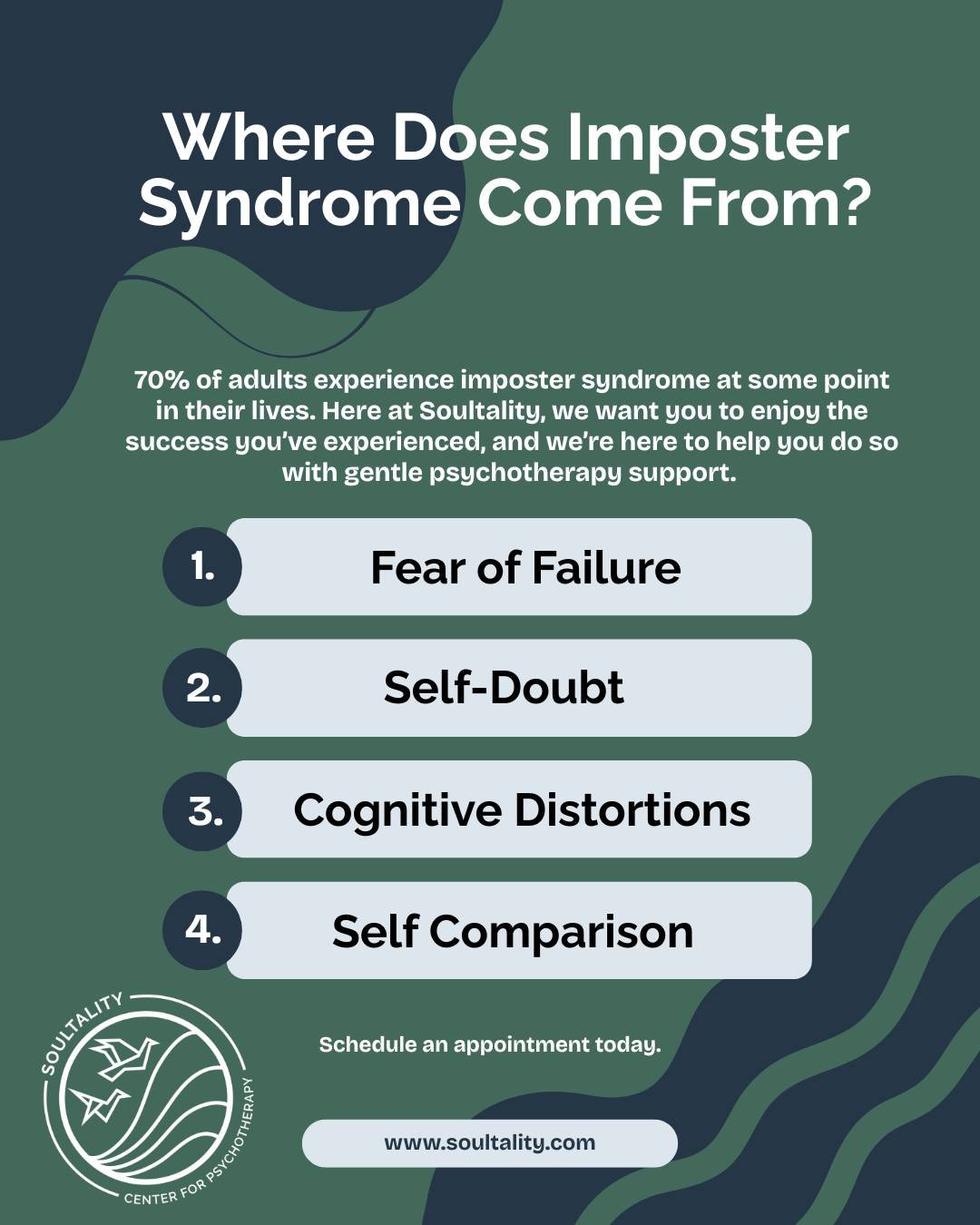 You don&rsquo;t have to live a life comparing your success to others and feeling like it's only luck and timing. We want you to enjoy the success you&rsquo;ve experienced, and we&rsquo;re here to help you do that with gentle psychotherapy support. Sc