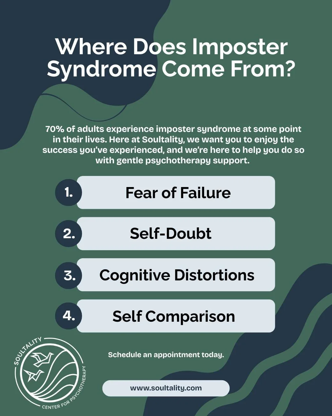 You don&rsquo;t have to live a life comparing your success to others and feeling like it's only luck and timing. We want you to enjoy the success you&rsquo;ve experienced, and we&rsquo;re here to help you do that with gentle psychotherapy support. Sc