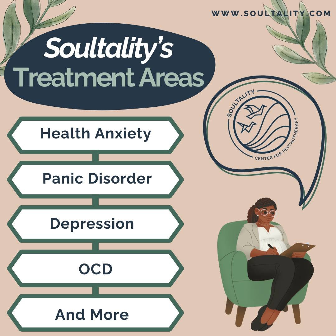 Here at the Soultality Center for Psychotherapy, our experienced and licensed clinicians specialize in a wide variety of treatment areas. 
Visit our website to learn more. 
https://www.soultality.com/commonissues 
#healthanxiety #depression #panicdis