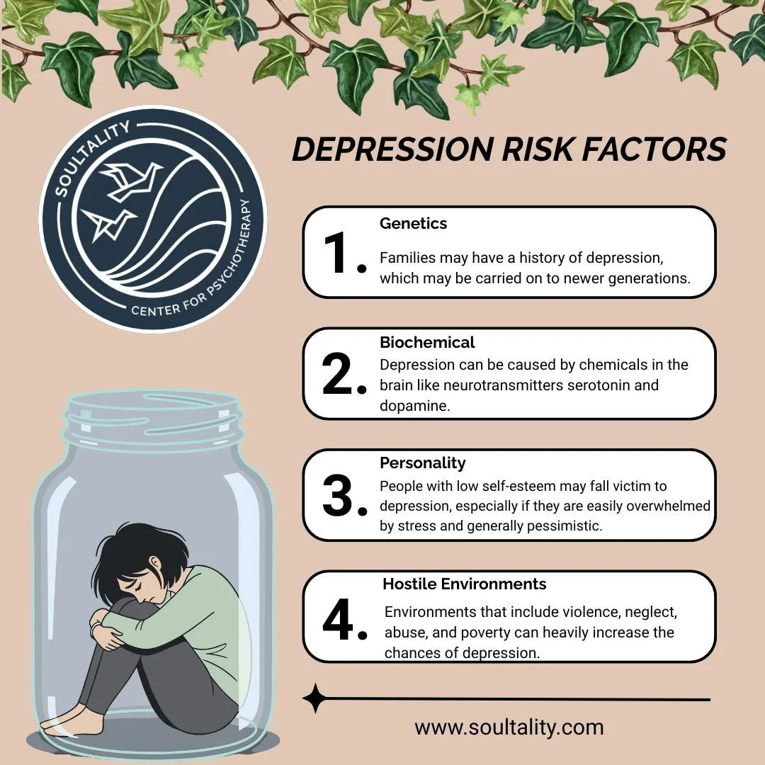 Here at Soultality, we specialize in CBT to help individuals with depression understand the link between their thoughts, feelings, and behaviors, and provide them with tools to break the cycle of negativity and improve their mood. 
Contact us today t