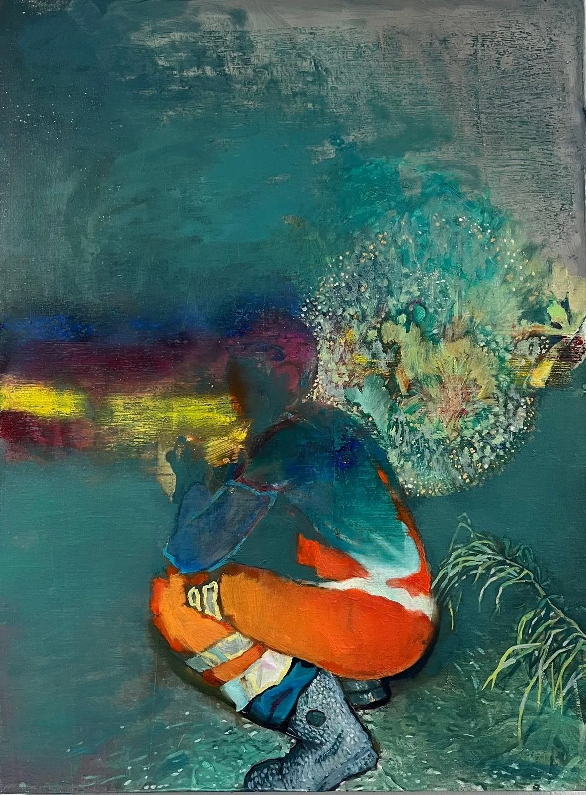 Oh, beautiful beacon (2026) , oil paint on canvas, 60x40 cm. Magic realist painting about workers at night