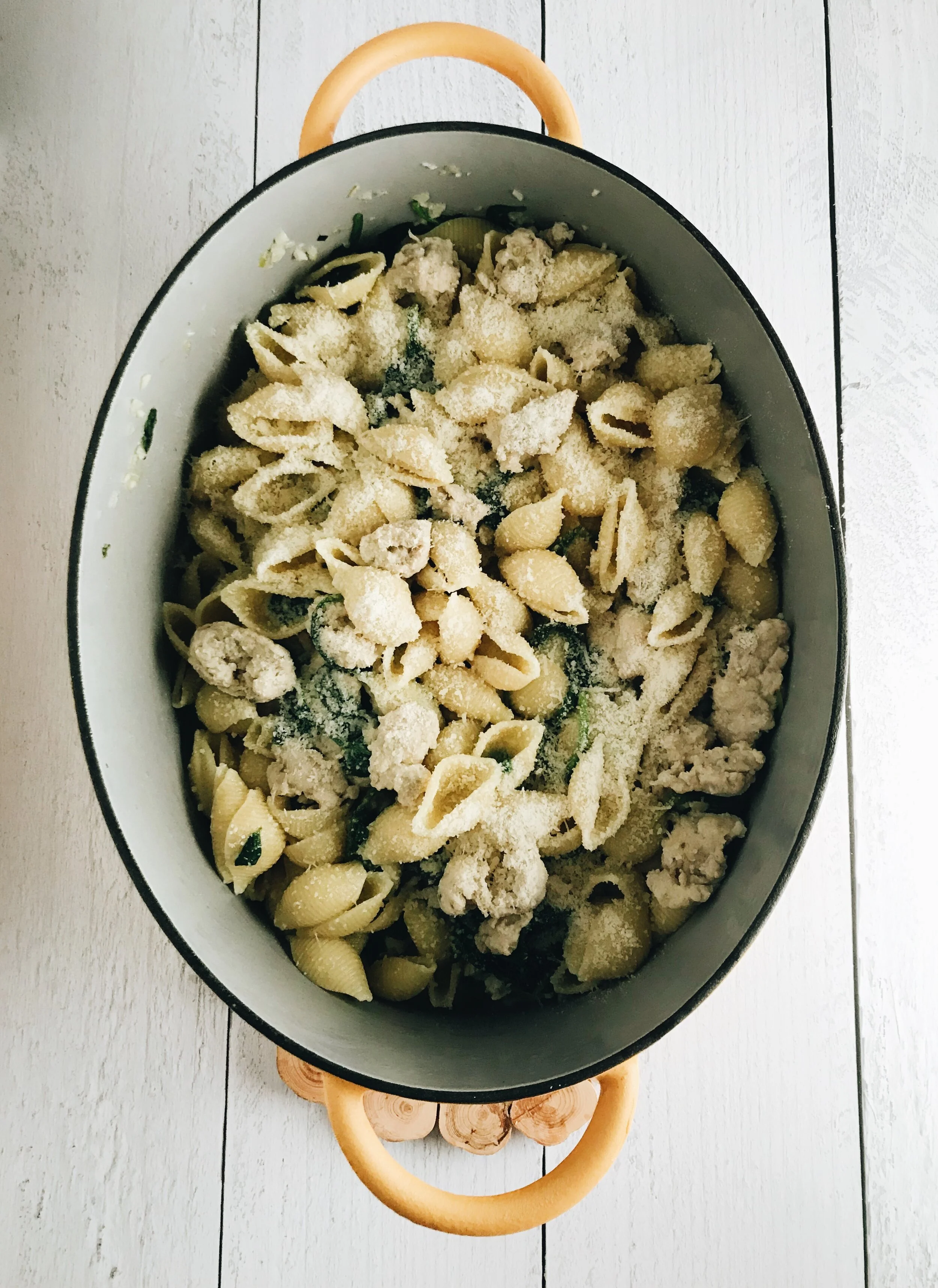 Recipe Conchiglie with Sweet Chicken Sausage, Parmesan, and Spinach