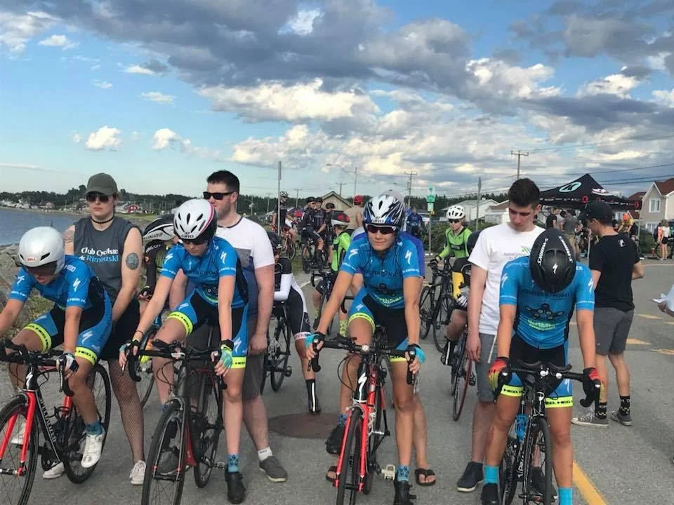 Start of the team time trial. Left to right: Jennifer, Erika, Josephine, and our starter Lily.