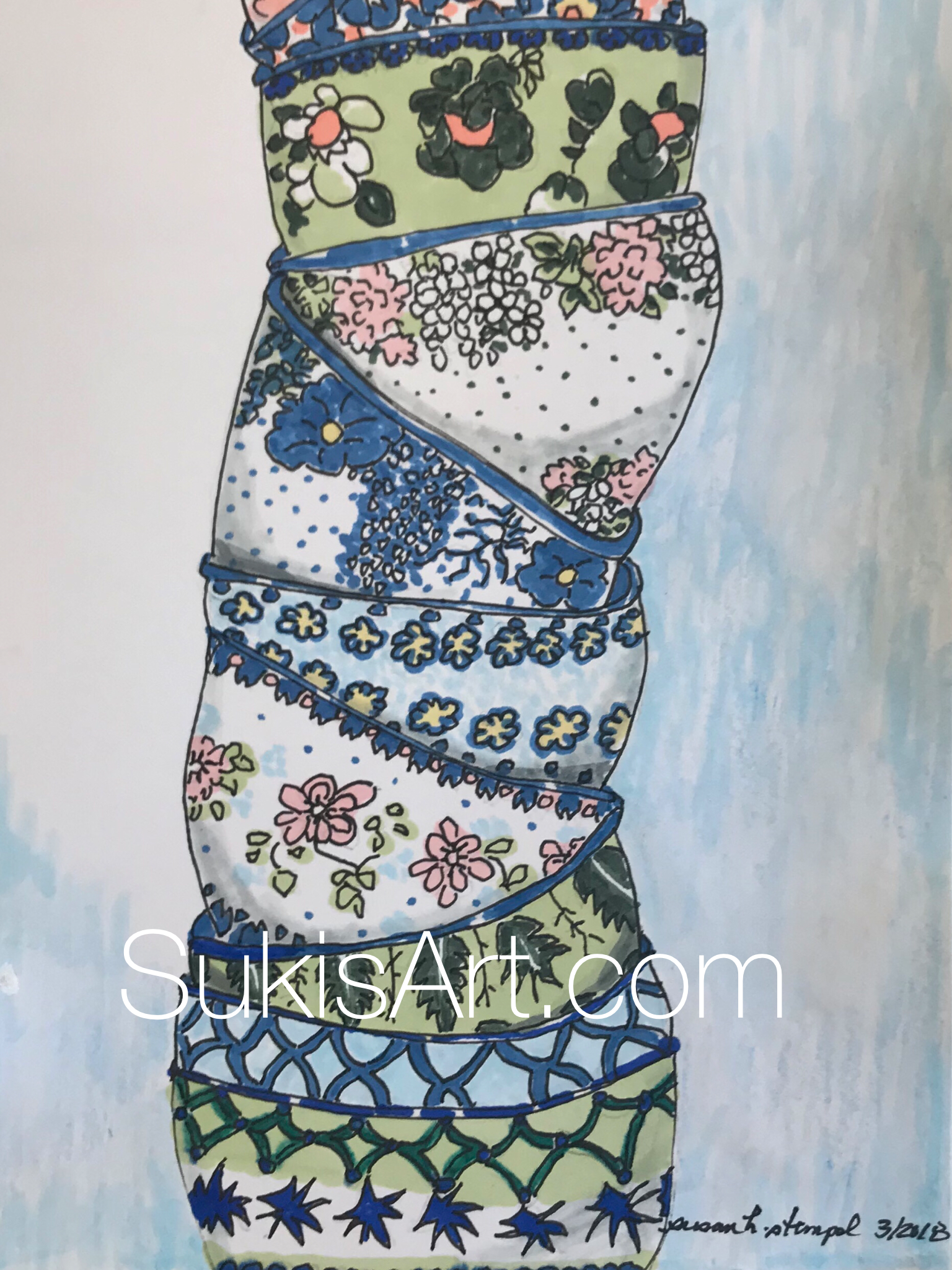  "Bowls on Bowls"&nbsp; 5" x 7" pen &amp; ink on paper 