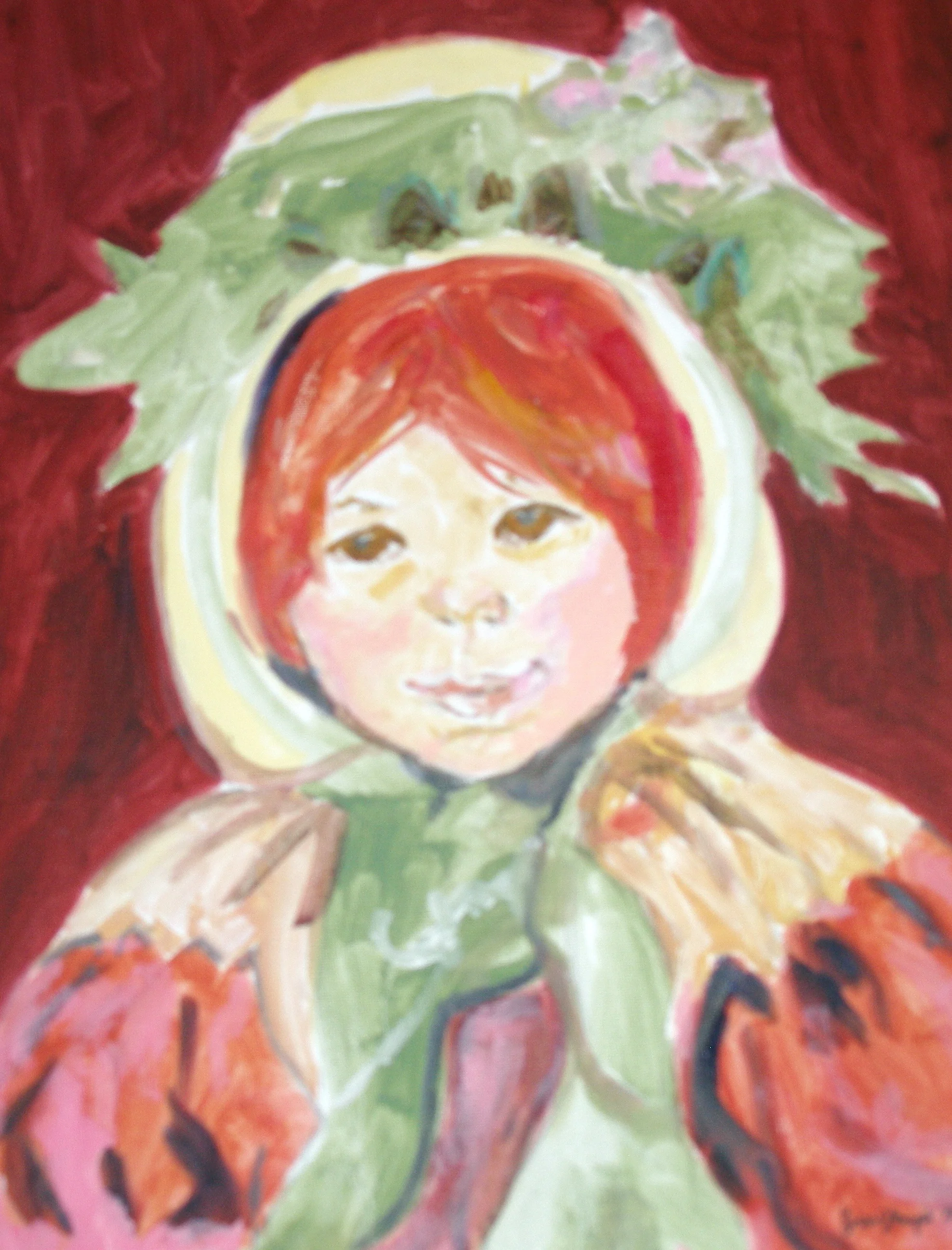 $2,000. 16" x 20" acrylic on canvas. "Study of Marie Cassatt's 'Sarah in a Green Bonnet'"