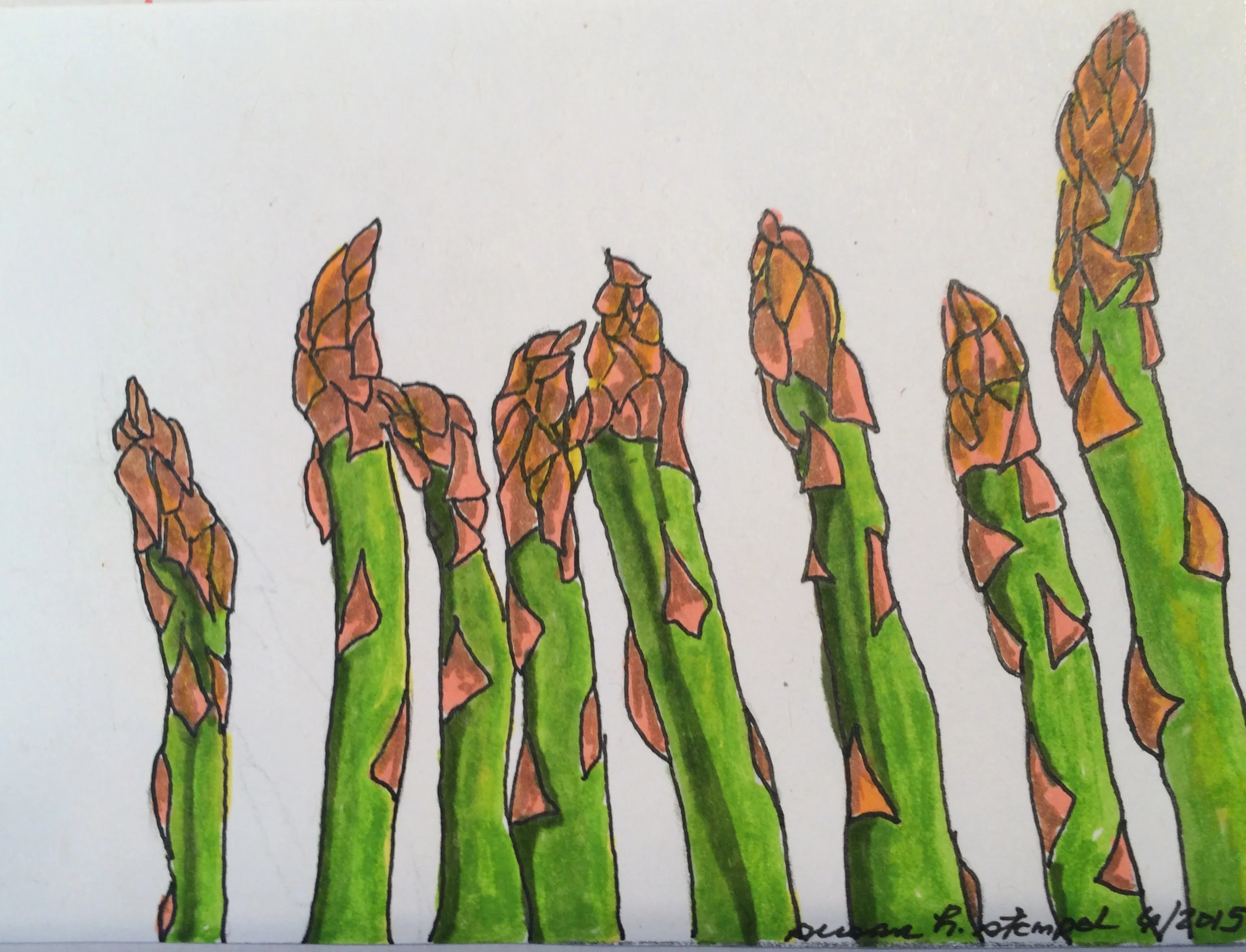 $500, 4" x 6" pen & ink on paper. "All in a Row".