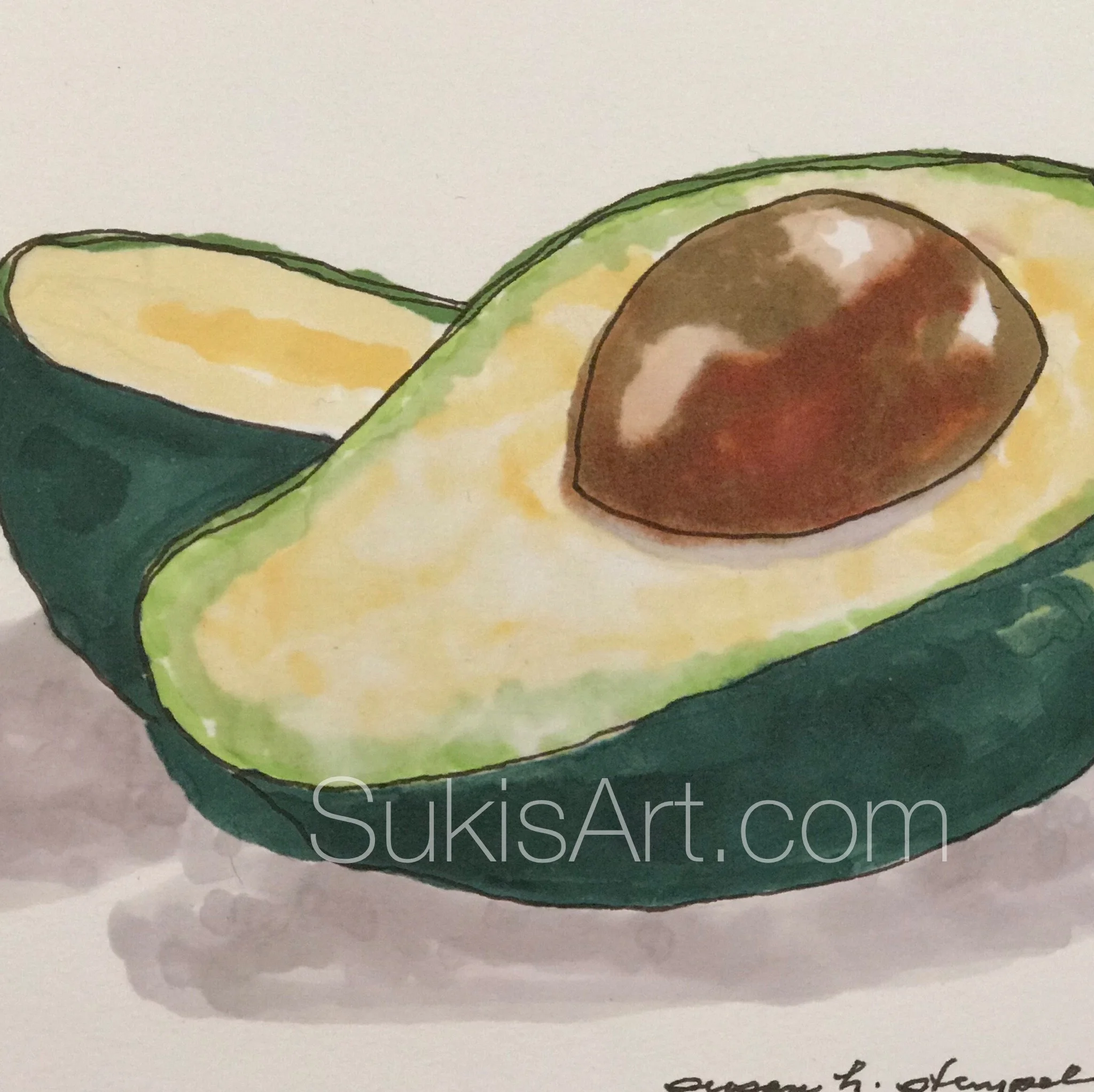 $300. 5" x 7" pen & ink on paper. "Sliced Avocado" 5