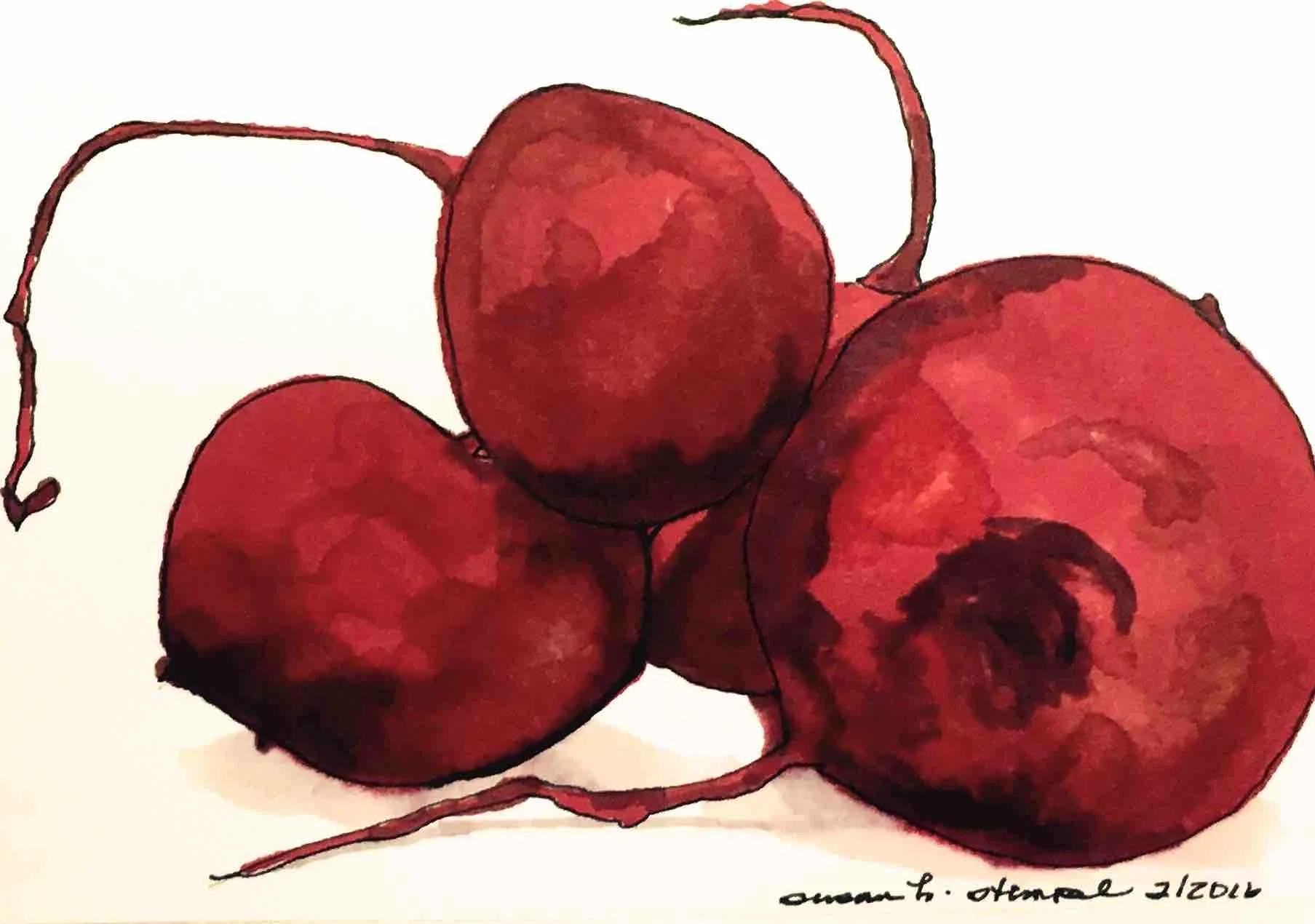 SOLD 4" x 6", pen & ink on paper, "Earthy Radishes"