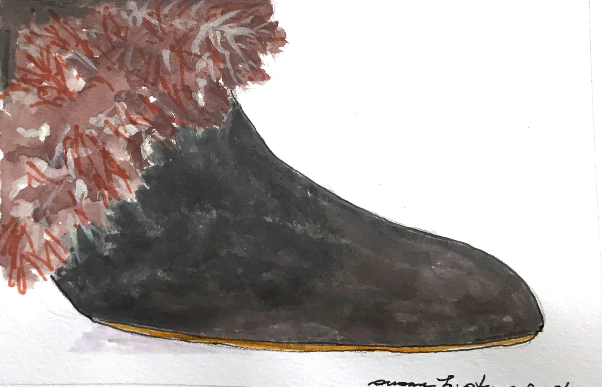 $300, 4" x 6" pen & ink on paper. "Furry Boots''