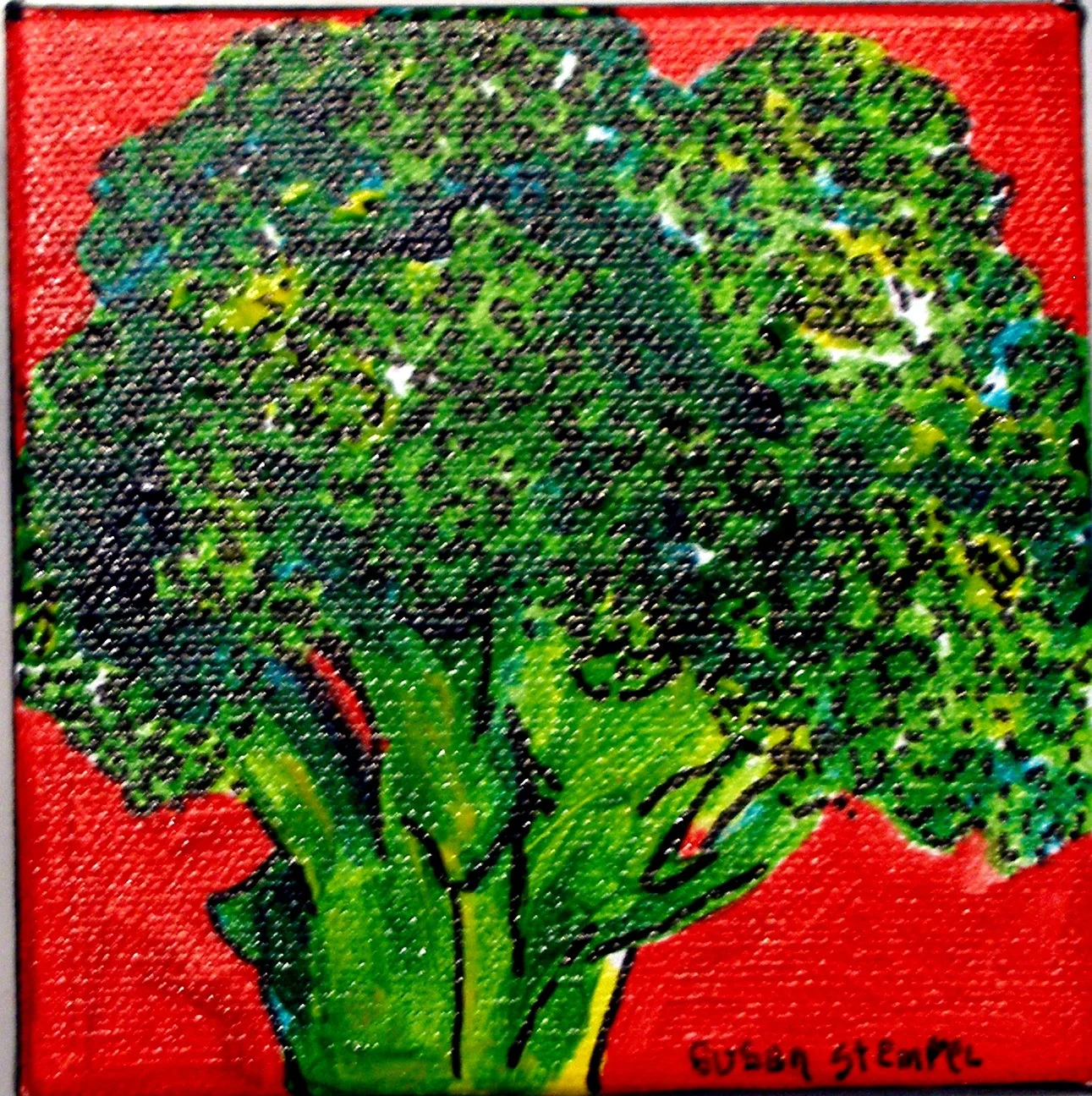 SOLD. 4" X 4" acrylic on boxed canvas "Broccoli on red."