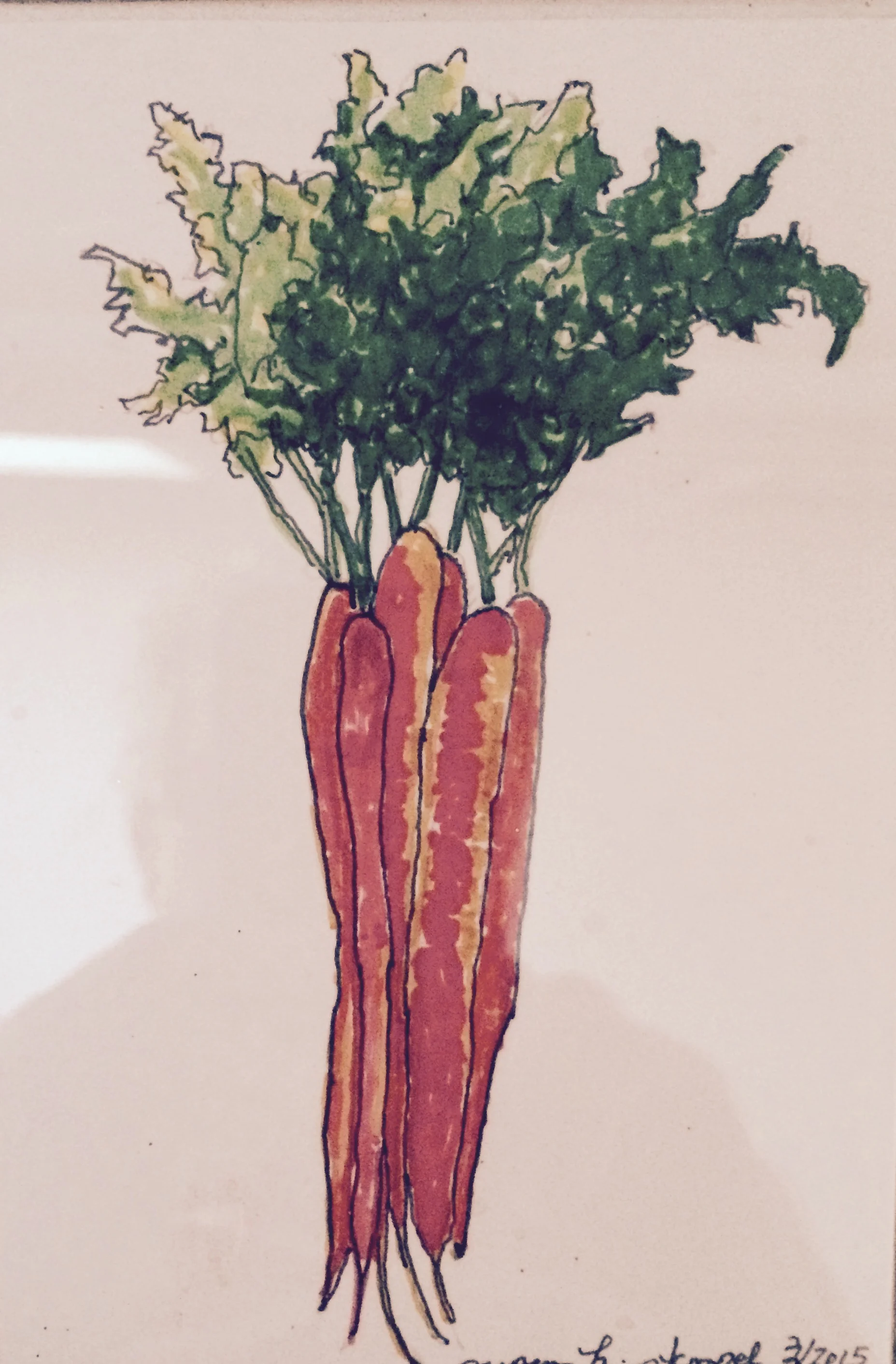 SOLD 4" X 6" pen & ink on paper. "Carrot Hug"