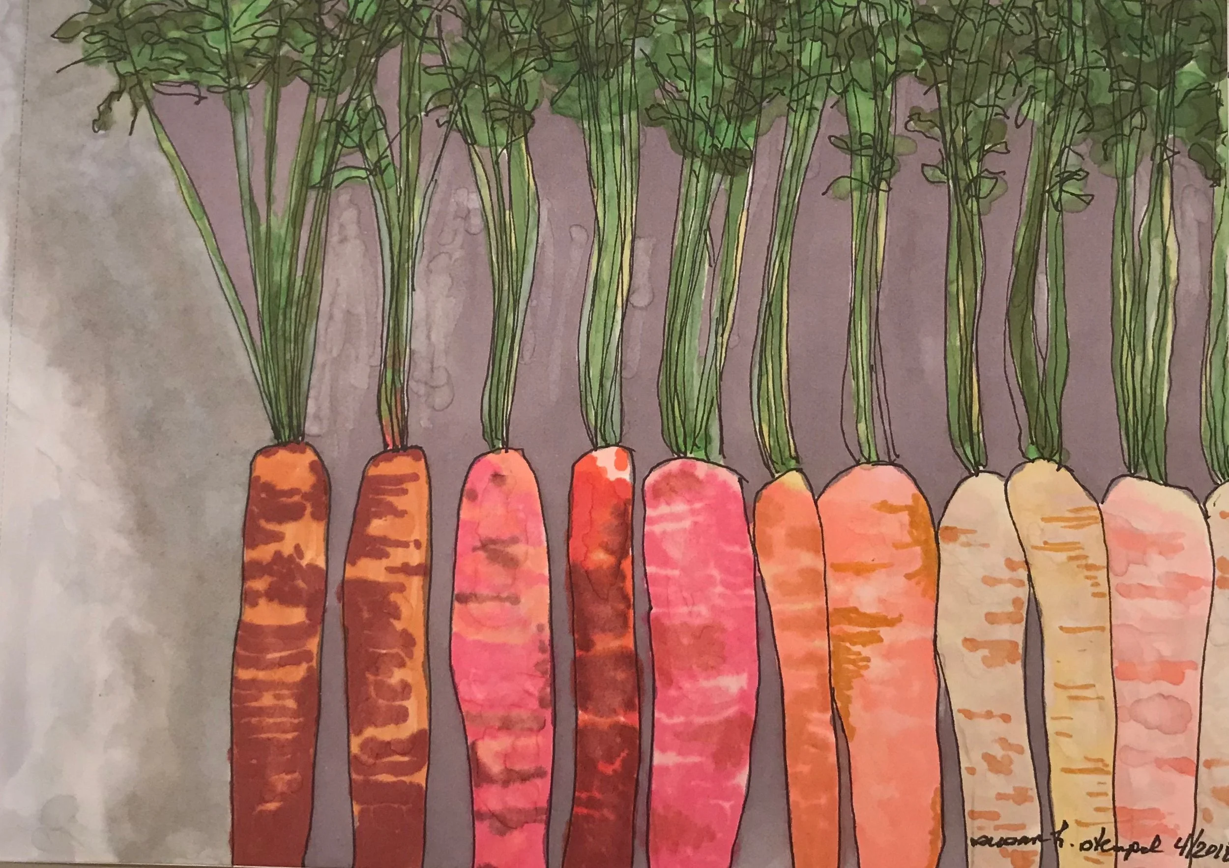 $300. 5" x 7" pen & ink on paper. "Carrot Rainbow"