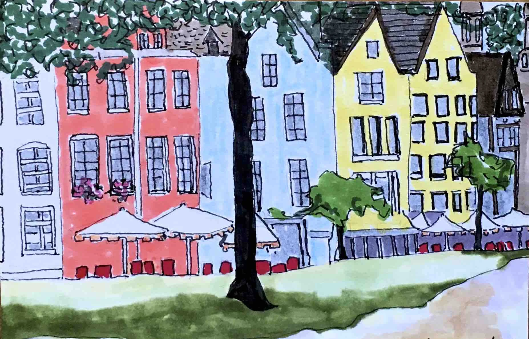 $300. 5" x 7", pen & ink on paper. Cologne, Germany street scene.