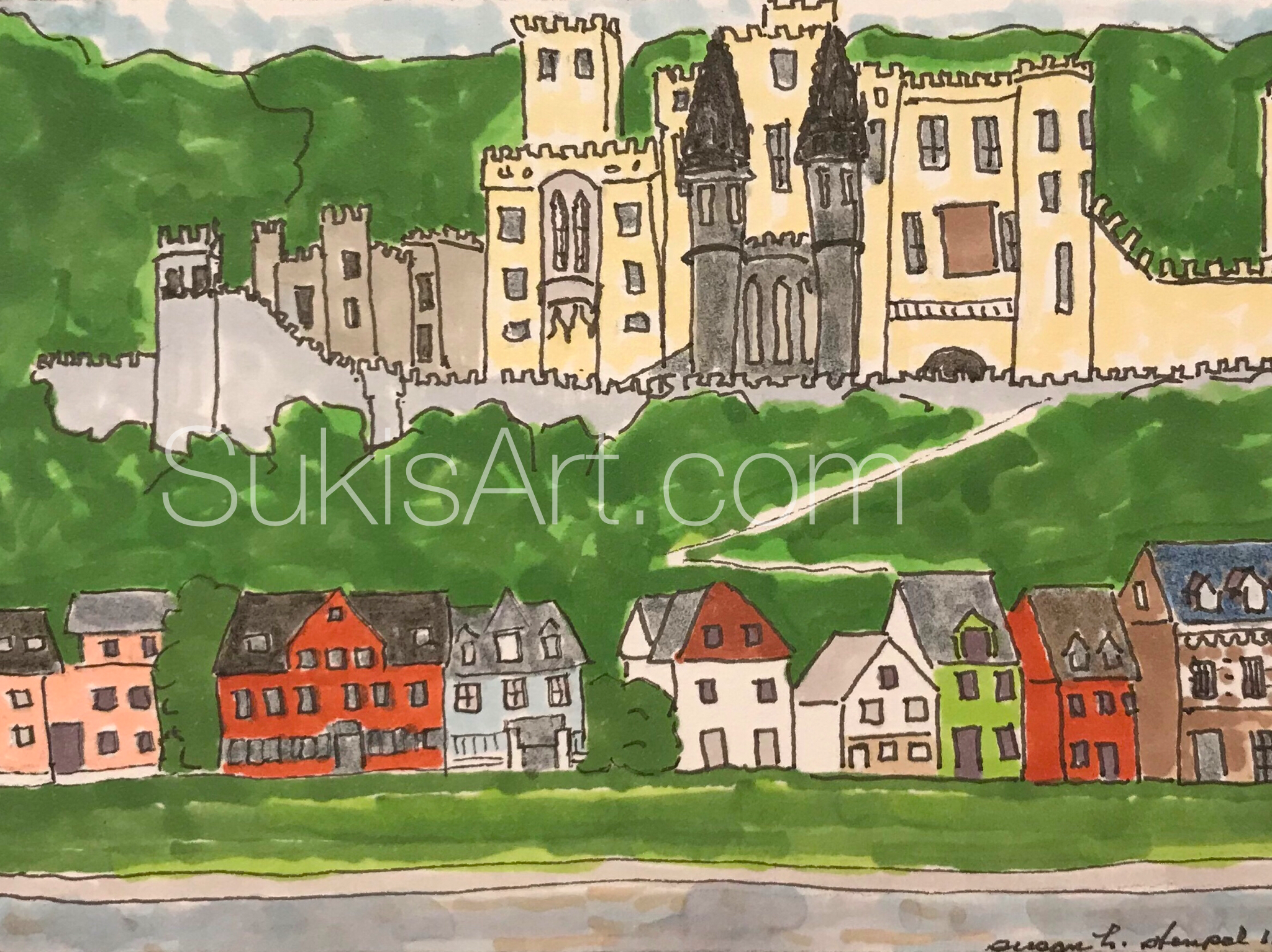 $300.  5" x 7" pen & ink on paper. "The Rhine near Lahnstein"  